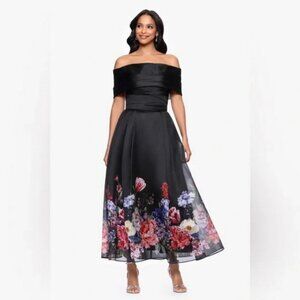 Betsy & Adam Black Organza Floral Off the Shoulder Midi Dress